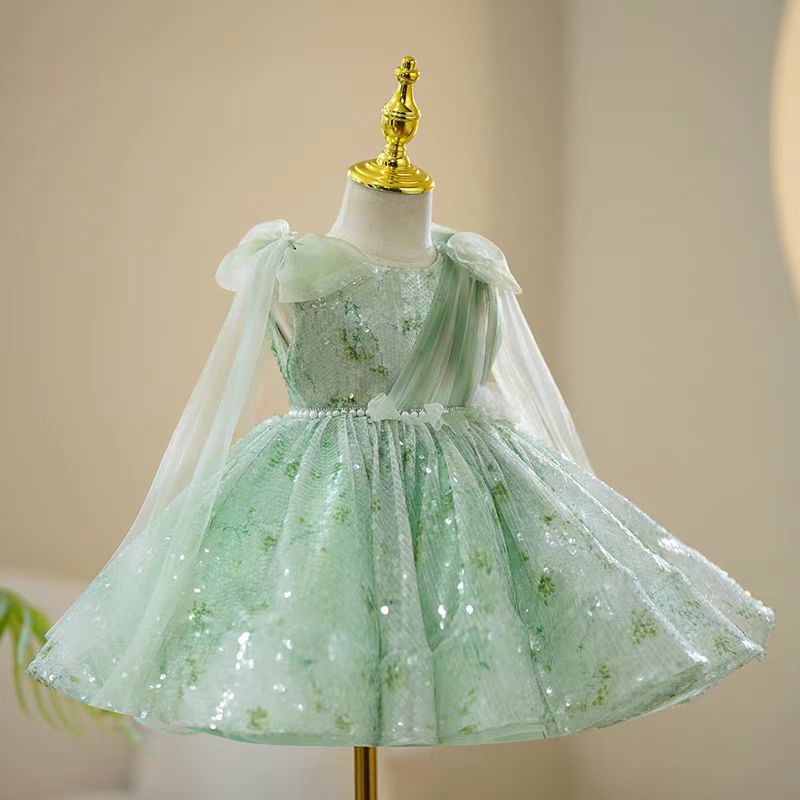 Mint Green Sequin Tulle Flower Girl Dress for Wedding – Draped Sleeves Plus Size - WonderlandByLilian