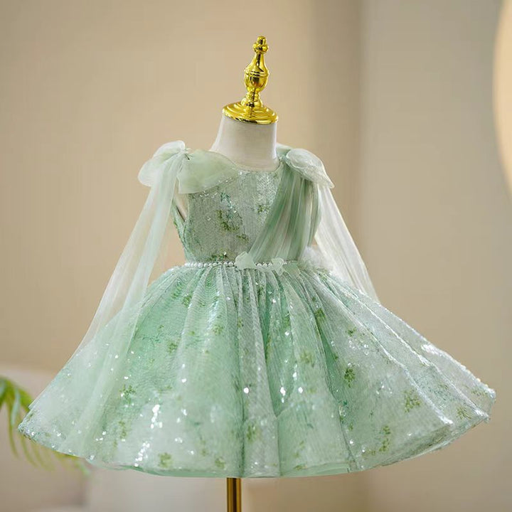 Mint Green Sequin Tulle Flower Girl Dress for Wedding – Draped Sleeves Plus Size - WonderlandByLilian