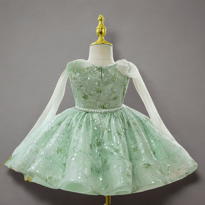 Mint Green Sequin Tulle Flower Girl Dress for Wedding – Draped Sleeves Plus Size - WonderlandByLilian