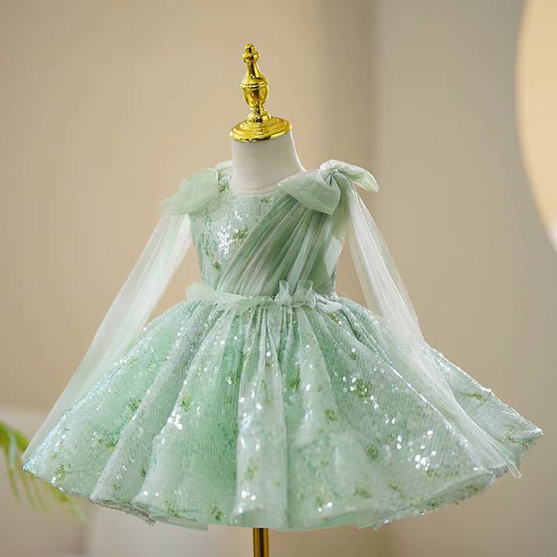 Mint Green Sequin Tulle Flower Girl Dress for Wedding – Draped Sleeves Plus Size - WonderlandByLilian