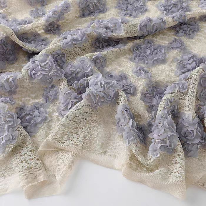 Misty Purple 3D Rose Floral Embroidered Lace Fabric - WonderlandByLilian