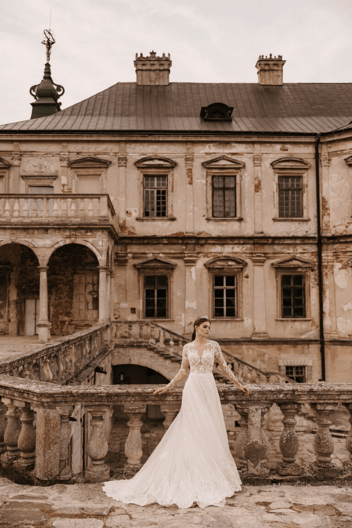 Modern Long Sleeve Wedding Dress - Aline Wedding Dress with Lace Sleeves - Floral Applique Dress Plus Size - STEPHANIE - WonderlandByLilian