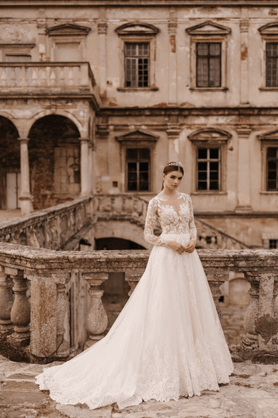 Modern Long Sleeve Wedding Dress - Aline Wedding Dress with Lace Sleeves - Floral Applique Dress Plus Size - STEPHANIE - WonderlandByLilian