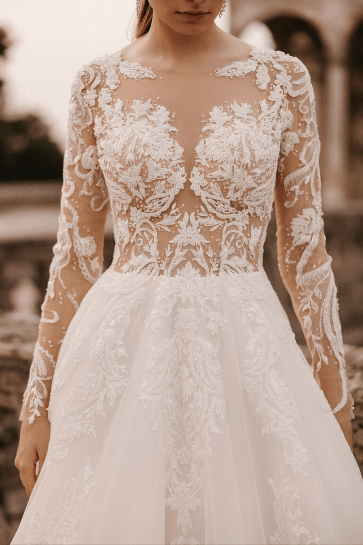 Modern Long Sleeve Wedding Dress - Aline Wedding Dress with Lace Sleeves - Floral Applique Dress Plus Size - STEPHANIE - WonderlandByLilian