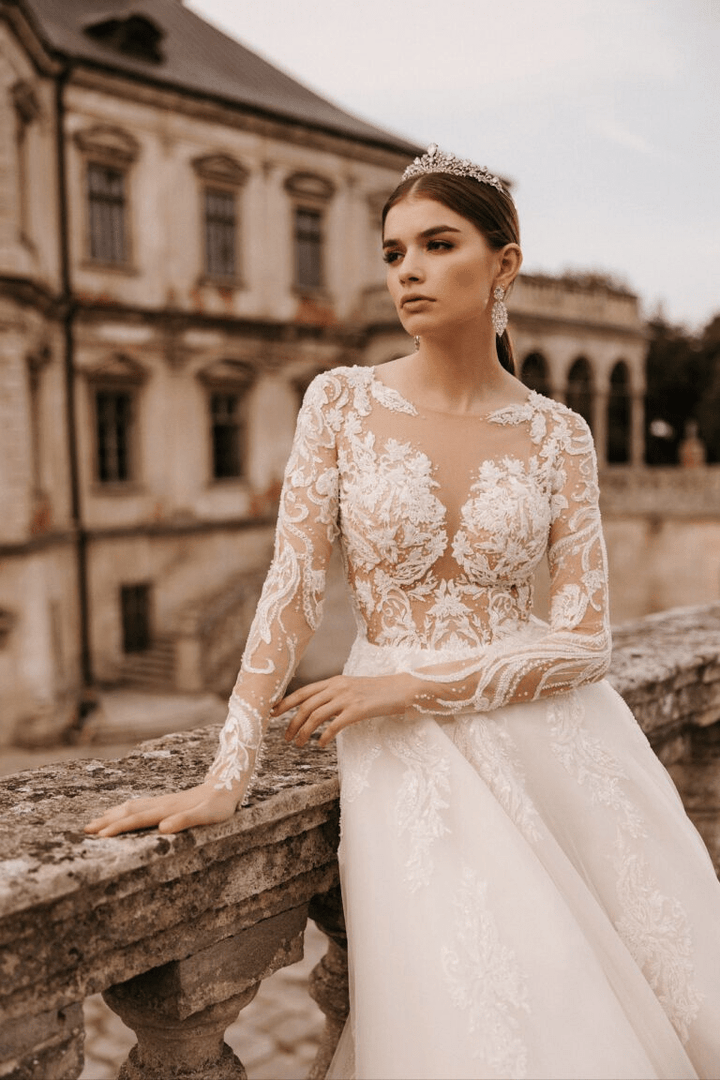 Modern Long Sleeve Wedding Dress - Aline Wedding Dress with Lace Sleeves - Floral Applique Dress Plus Size - STEPHANIE - WonderlandByLilian