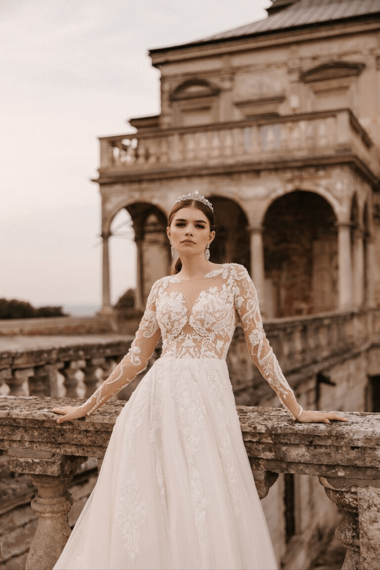 Modern Long Sleeve Wedding Dress - Aline Wedding Dress with Lace Sleeves - Floral Applique Dress Plus Size - STEPHANIE - WonderlandByLilian