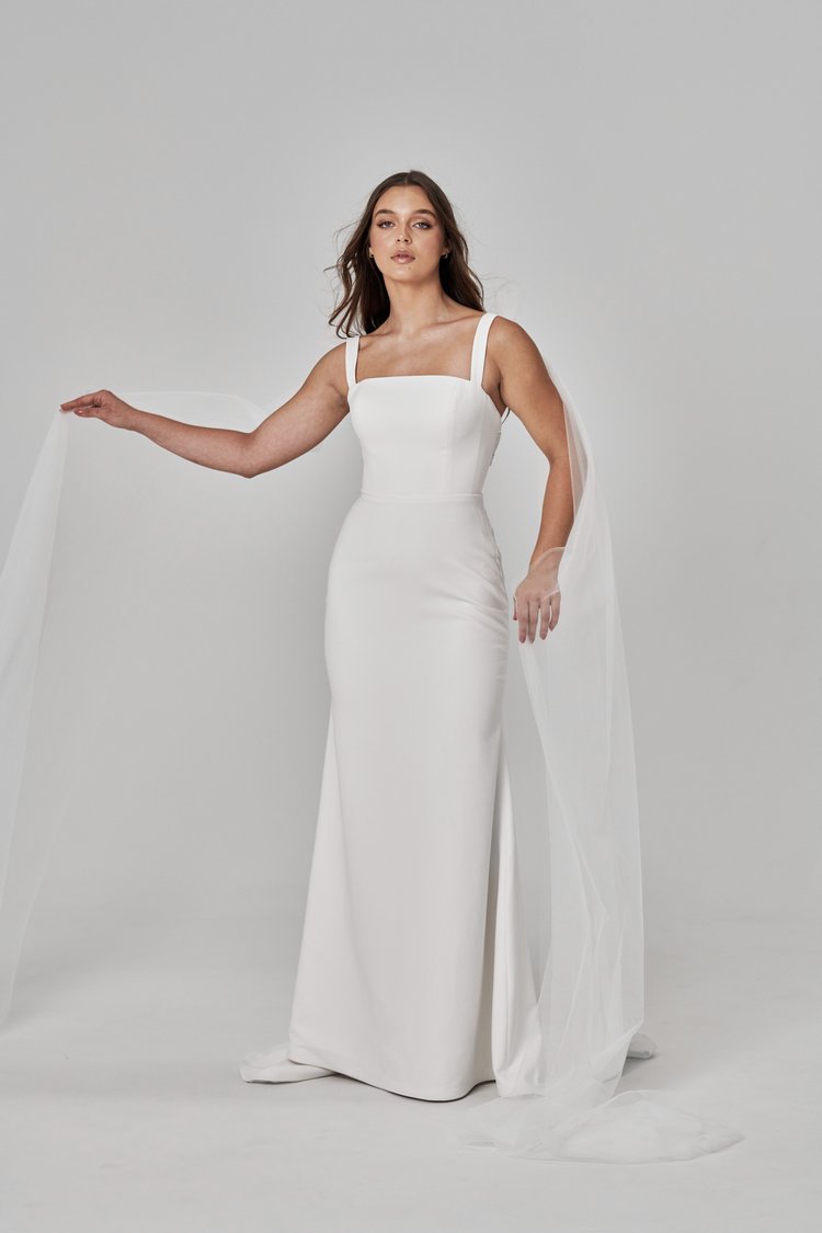 Modern Square Neckline Crepe Wedding Gown - ESTHER - WonderlandByLilian