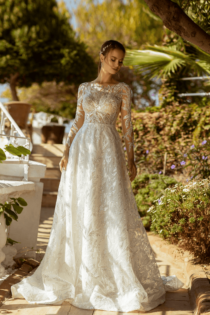 Modern Long Sleeve Wedding Dress - Pretty Sequin Dress - Fitted Lace Wedding Dress with Sleeves Plus Size - WonderlandByLilian
