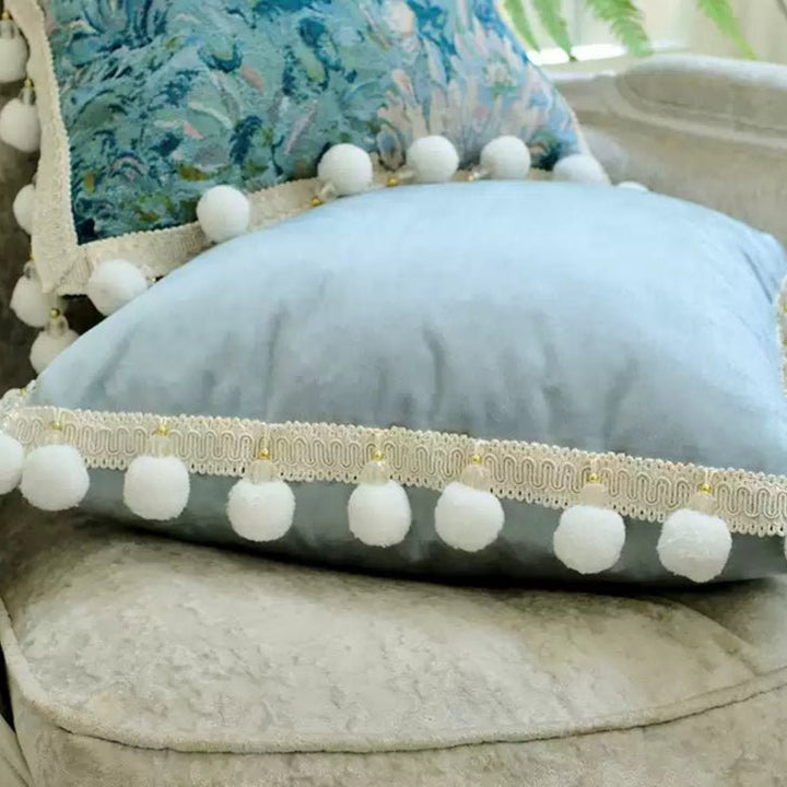 Monet’s Afternoon – Handmade Blue Velvet Cushion with Floral Tapestry and Pom Trim - WonderlandByLilian
