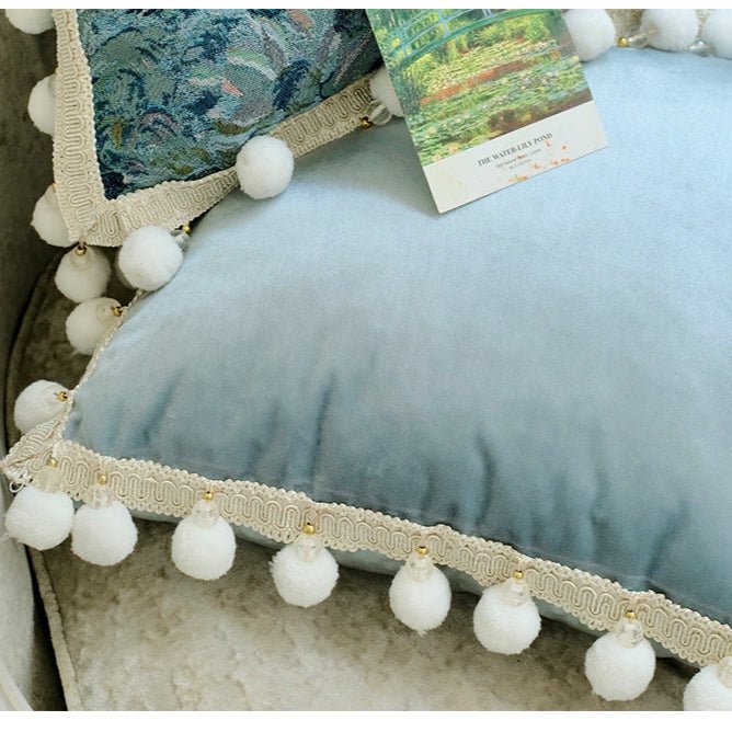 Monet’s Afternoon – Handmade Blue Velvet Cushion with Floral Tapestry and Pom Trim - WonderlandByLilian