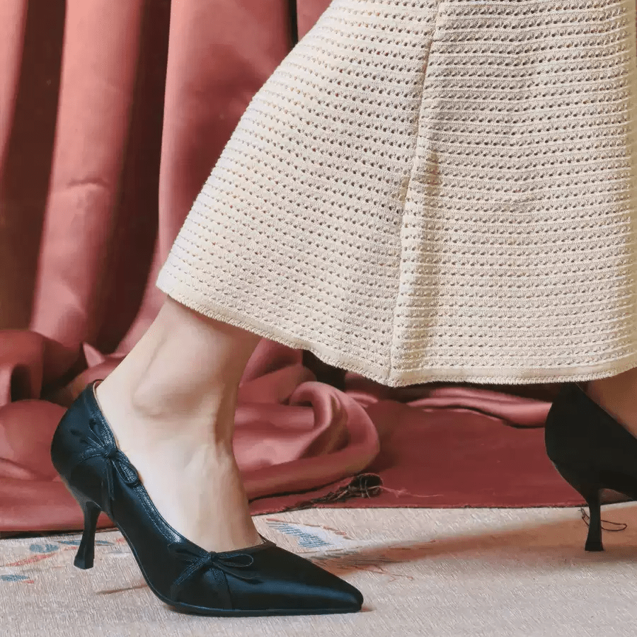 "Moonlight Muse" – Handmade Vintage Satin High Heels with Bow Detail - WonderlandByLilian