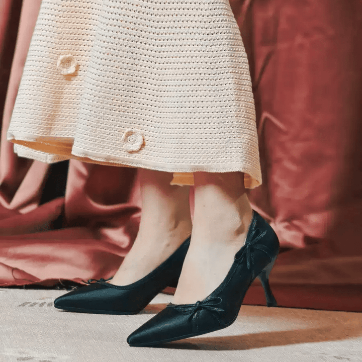 "Moonlight Muse" – Handmade Vintage Satin High Heels with Bow Detail - WonderlandByLilian