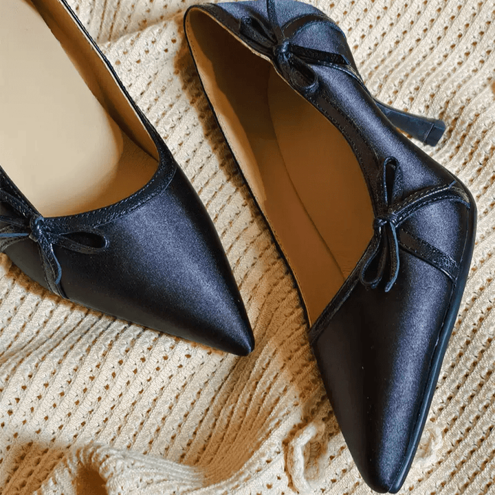 "Moonlight Muse" – Handmade Vintage Satin High Heels with Bow Detail - WonderlandByLilian