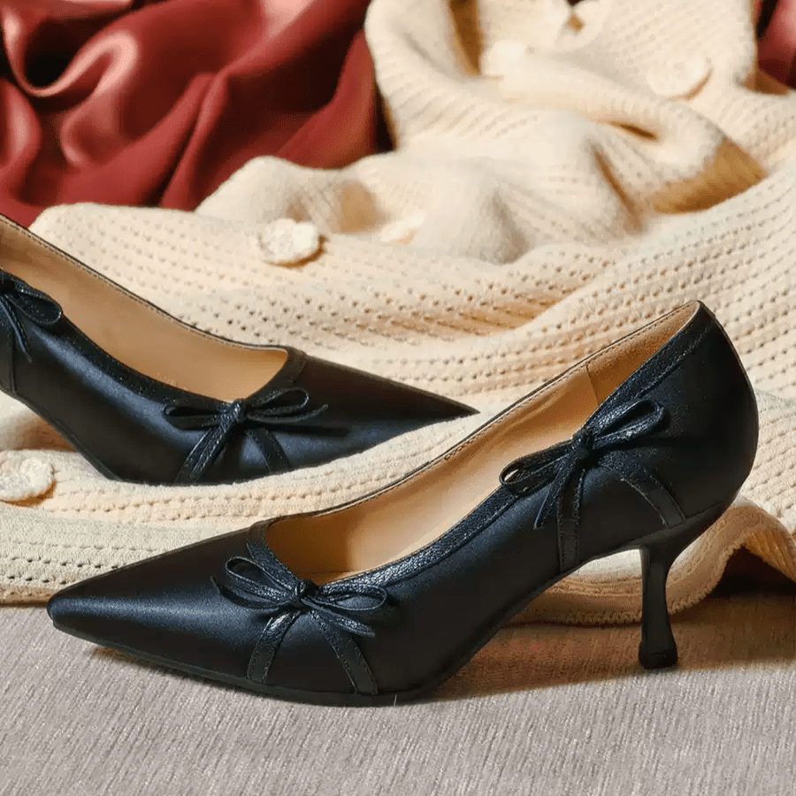 "Moonlight Muse" – Handmade Vintage Satin High Heels with Bow Detail - WonderlandByLilian