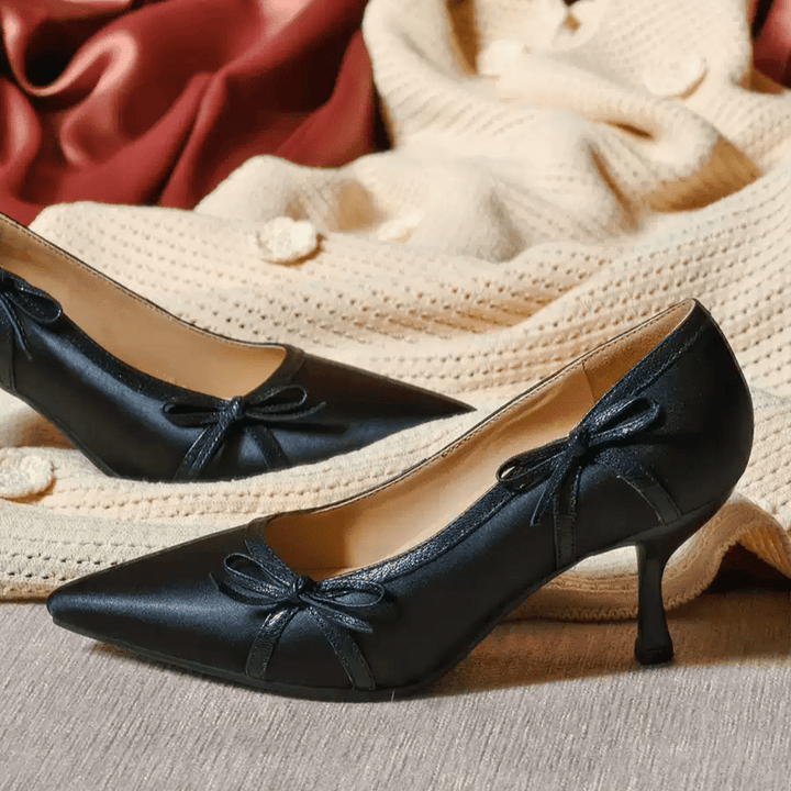 "Moonlight Muse" – Handmade Vintage Satin High Heels with Bow Detail - WonderlandByLilian