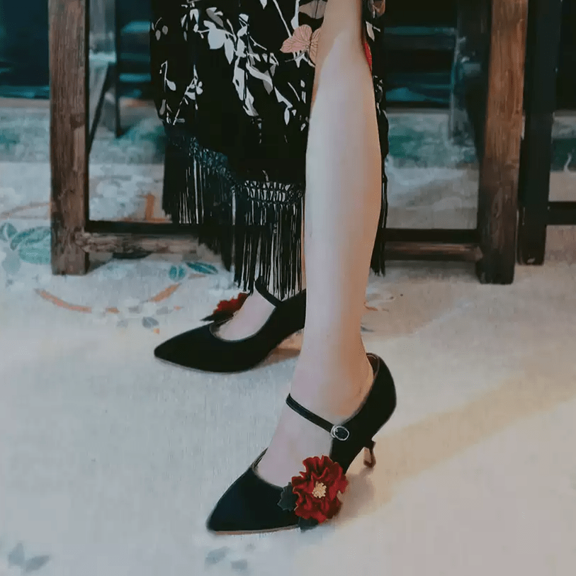 "Moonlit Peony" – Handmade Vintage Black Suede Heels with Red Floral Accent - WonderlandByLilian