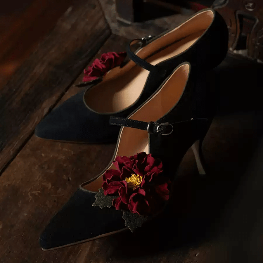 "Moonlit Peony" – Handmade Vintage Black Suede Heels with Red Floral Accent - WonderlandByLilian