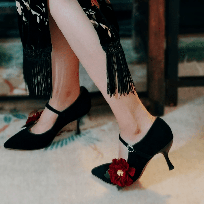 "Moonlit Peony" – Handmade Vintage Black Suede Heels with Red Floral Accent - WonderlandByLilian