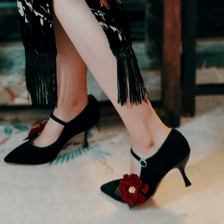 "Moonlit Peony" – Handmade Vintage Black Suede Heels with Red Floral Accent - WonderlandByLilian