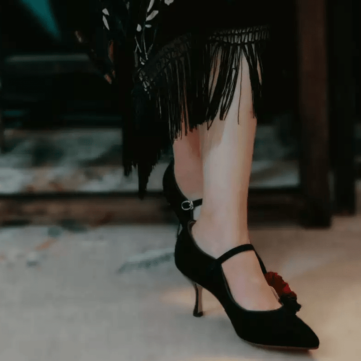 "Moonlit Peony" – Handmade Vintage Black Suede Heels with Red Floral Accent - WonderlandByLilian