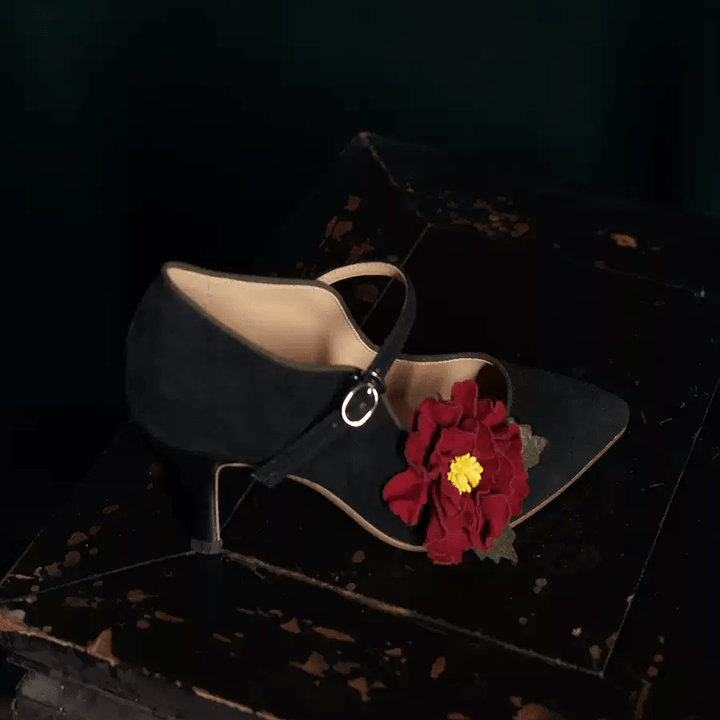"Moonlit Peony" – Handmade Vintage Black Suede Heels with Red Floral Accent - WonderlandByLilian