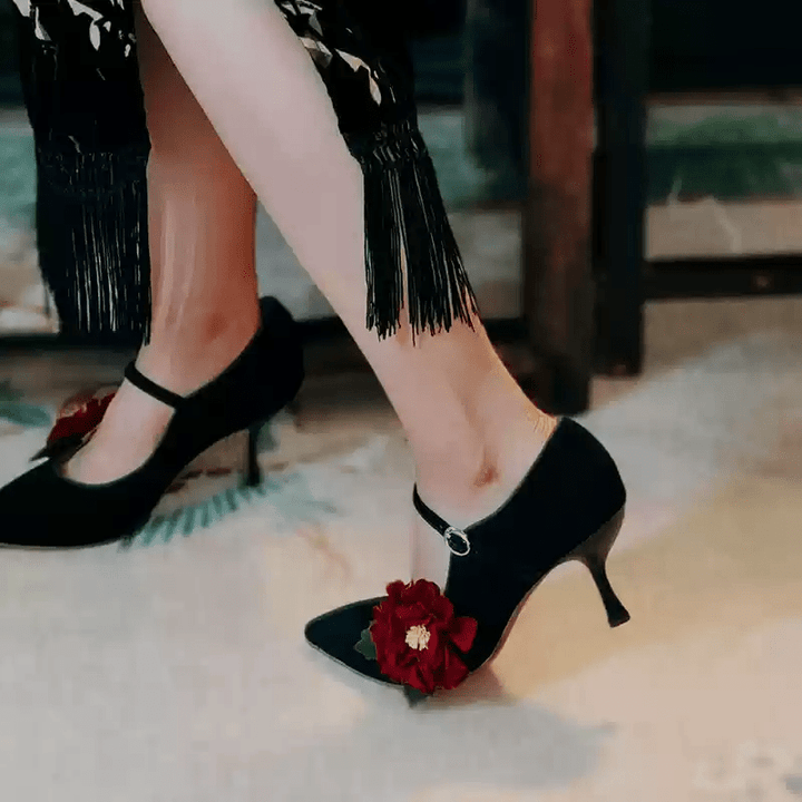"Moonlit Peony" – Handmade Vintage Black Suede Heels with Red Floral Accent - WonderlandByLilian
