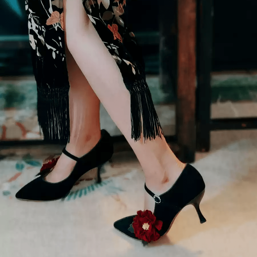 "Moonlit Peony" – Handmade Vintage Black Suede Heels with Red Floral Accent - WonderlandByLilian