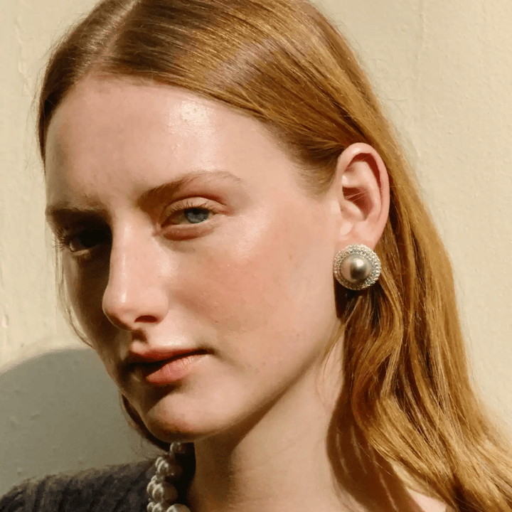 Moonlit Reverie – Handmade Vintage - Style Gray Pearl and Zircon Halo Earrings - Nix - WonderlandByLilian
