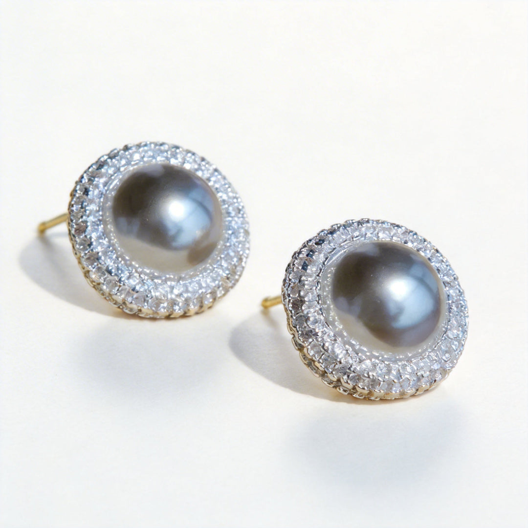 Moonlit Reverie – Handmade Vintage - Style Gray Pearl and Zircon Halo Earrings - Nix - WonderlandByLilian