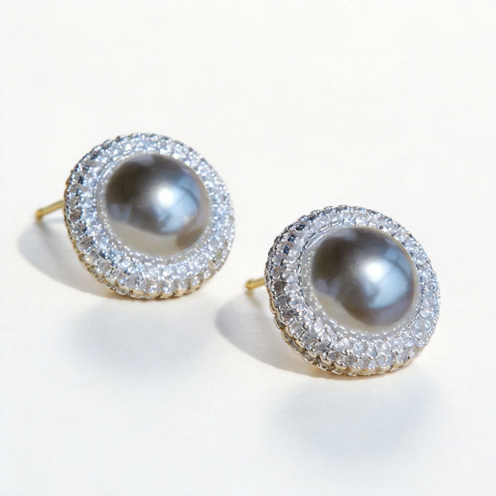 Moonlit Reverie – Handmade Vintage - Style Gray Pearl and Zircon Halo Earrings - Nix - WonderlandByLilian