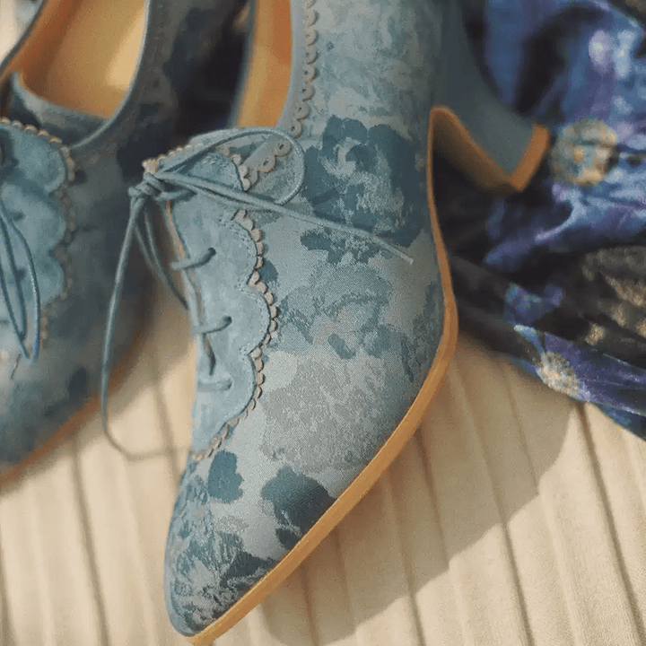 "Moonlit Sonata" – Handmade Watercolor Lace - Up Heeled Oxfords - WonderlandByLilian