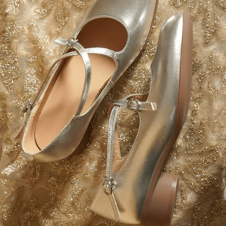 "Moonlit Waltz" – Handmade Vintage Silver Leather Mary Jane Flats - WonderlandByLilian