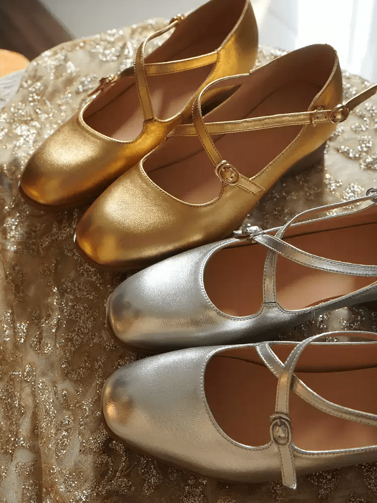 "Moonlit Waltz" – Handmade Vintage Silver Leather Mary Jane Flats - WonderlandByLilian