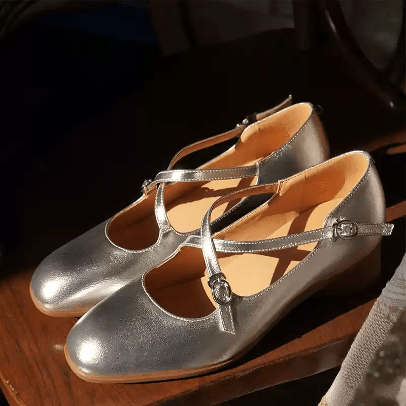 "Moonlit Waltz" – Handmade Vintage Silver Leather Mary Jane Flats - WonderlandByLilian