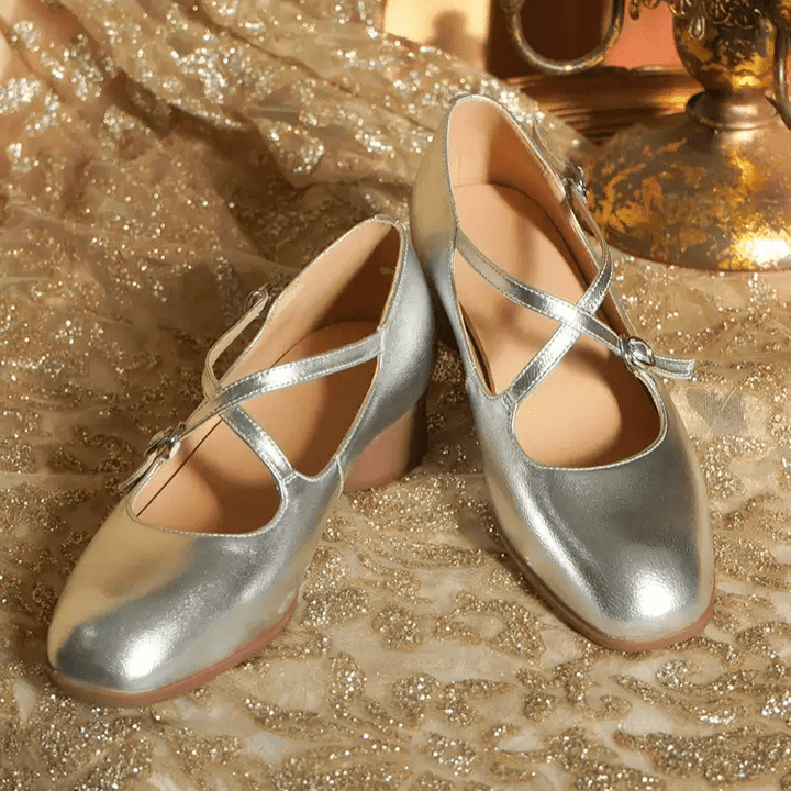 "Moonlit Waltz" – Handmade Vintage Silver Leather Mary Jane Flats - WonderlandByLilian