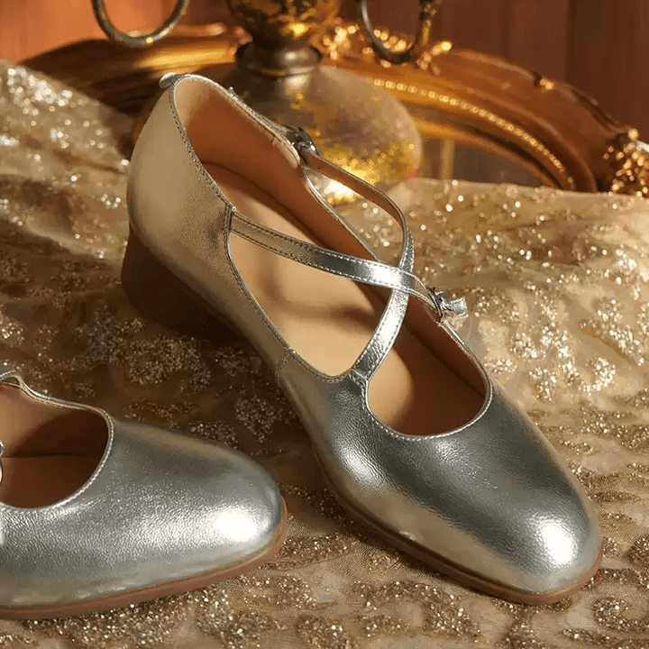 "Moonlit Waltz" – Handmade Vintage Silver Leather Mary Jane Flats - WonderlandByLilian