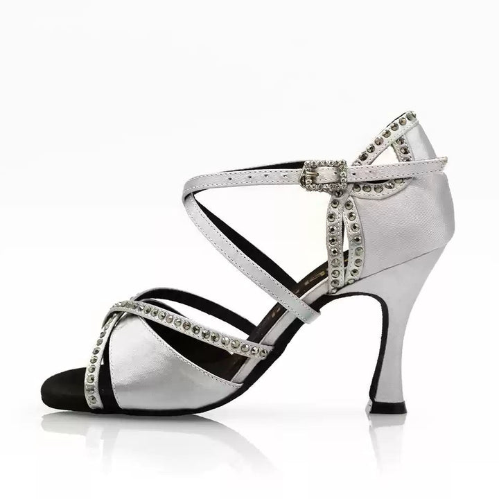Moonlit Whisper – Handmade Silver Silk Satin Salsa Heels - WonderlandByLilian