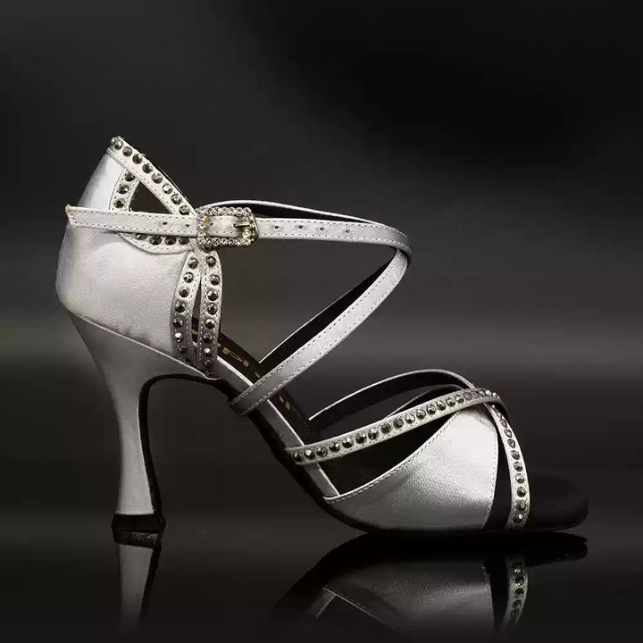Moonlit Whisper – Handmade Silver Silk Satin Salsa Heels - WonderlandByLilian