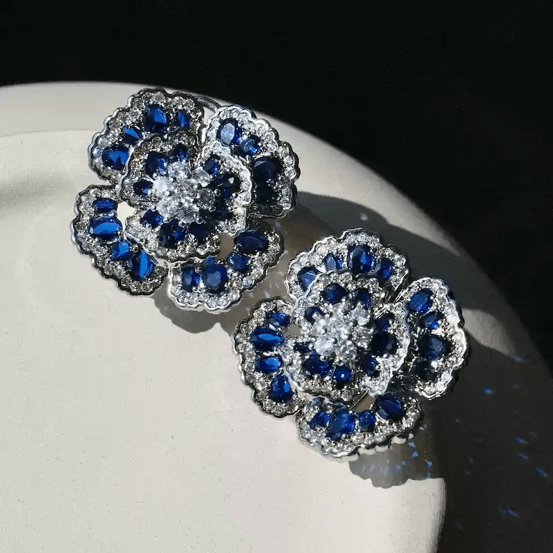Moonlit Whispers – Sapphire Camellia Earrings - Sapphire Camellia - WonderlandByLilian