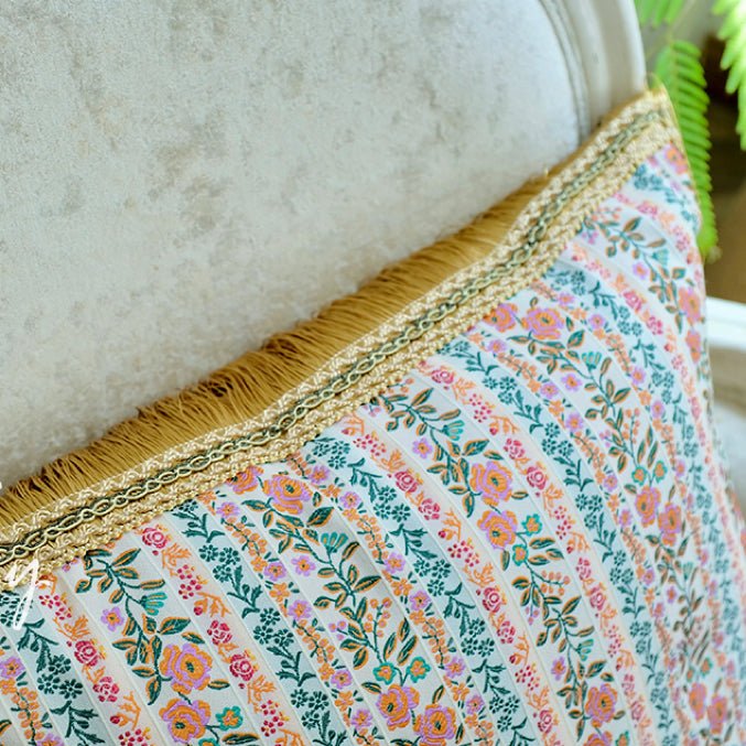 “Morning in Provence” – Vintage Floral Pillow with Embroidery and Gold Fringe Trim - WonderlandByLilian