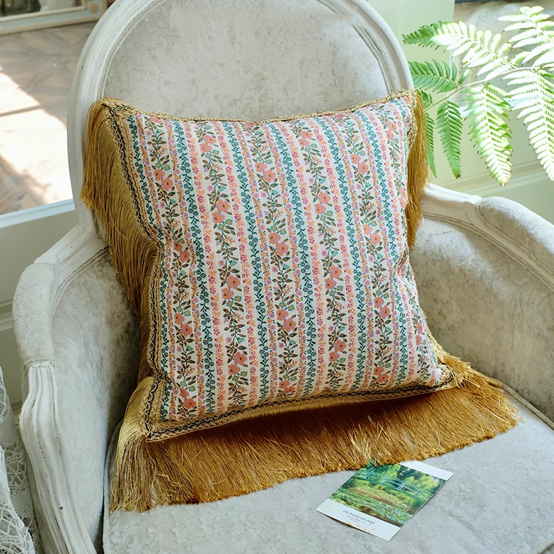 “Morning in Provence” – Vintage Floral Pillow with Embroidery and Gold Fringe Trim - WonderlandByLilian