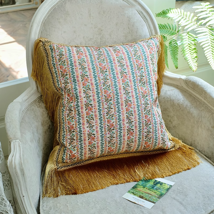 “Morning in Provence” – Vintage Floral Pillow with Embroidery and Gold Fringe Trim - WonderlandByLilian