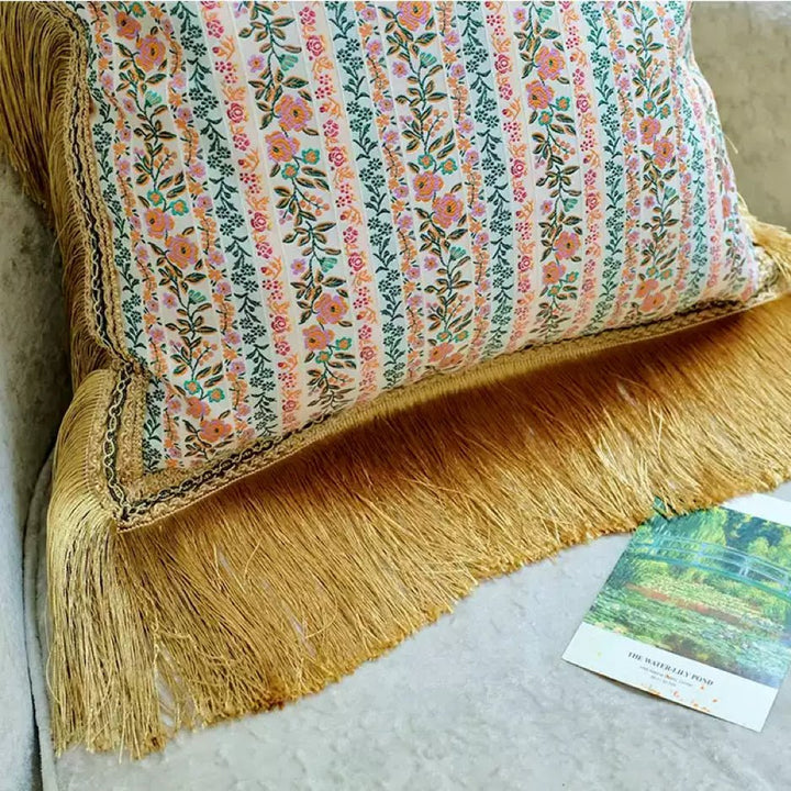 “Morning in Provence” – Vintage Floral Pillow with Embroidery and Gold Fringe Trim - WonderlandByLilian