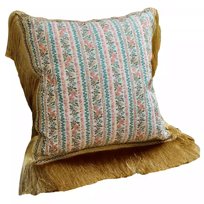 “Morning in Provence” – Vintage Floral Pillow with Embroidery and Gold Fringe Trim - WonderlandByLilian