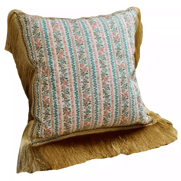 “Morning in Provence” – Vintage Floral Pillow with Embroidery and Gold Fringe Trim - WonderlandByLilian