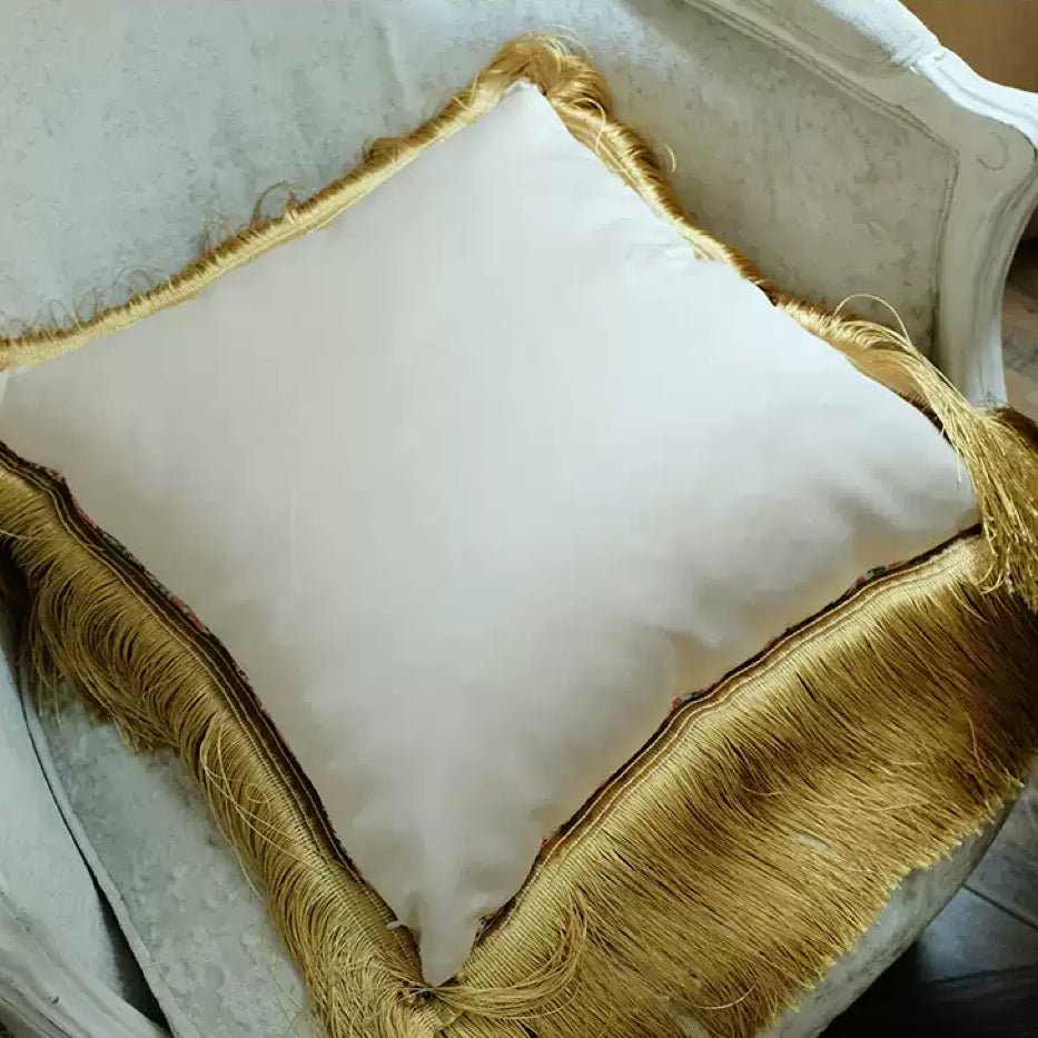 “Morning in Provence” – Vintage Floral Pillow with Embroidery and Gold Fringe Trim - WonderlandByLilian