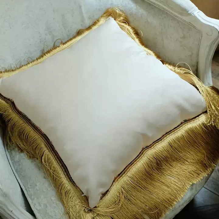 “Morning in Provence” – Vintage Floral Pillow with Embroidery and Gold Fringe Trim - WonderlandByLilian