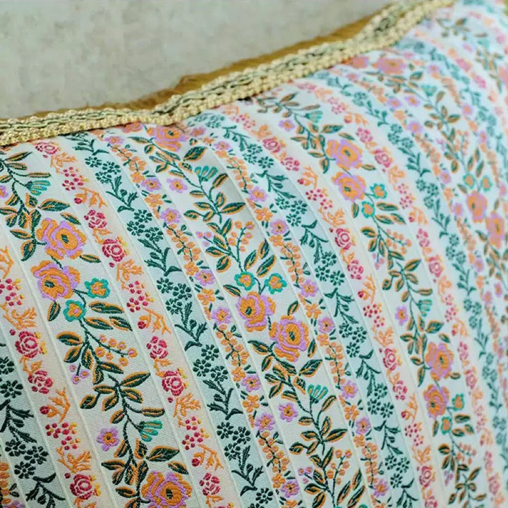 “Morning in Provence” – Vintage Floral Pillow with Embroidery and Gold Fringe Trim - WonderlandByLilian