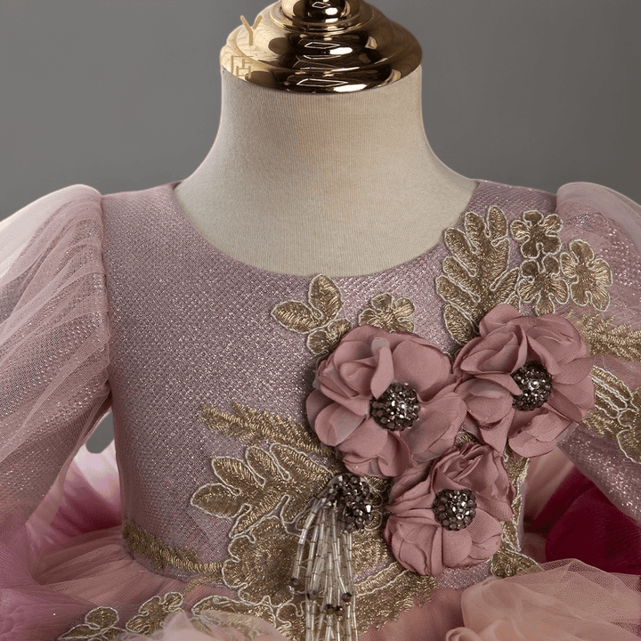 Multicolor Rose Pink Layered Tulle Toddler Flower Girl dress with Floral Appliqué – Special Occasion Girl Dress Plus Size - WonderlandByLilian
