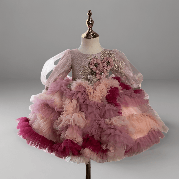 Multicolor Rose Pink Layered Tulle Toddler Flower Girl dress with Floral Appliqué – Special Occasion Girl Dress Plus Size - WonderlandByLilian